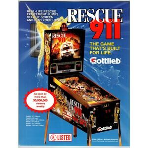 Rescue 911 Pinball Machine FLYER Original 1994 Vintage Emergency Vehicles Art